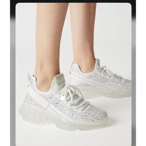 Steve Madden Womens White Rhinestones Maxima Athleisure Shoe Sparkle Size 6.5